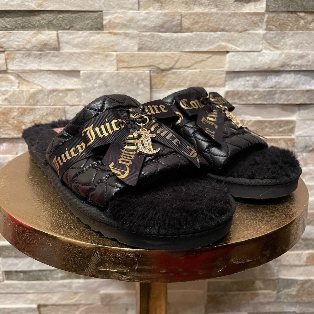 Juicy Couture M Black Faux Fur Slippers | Gold Script Logo, Cozy Y2K Glam